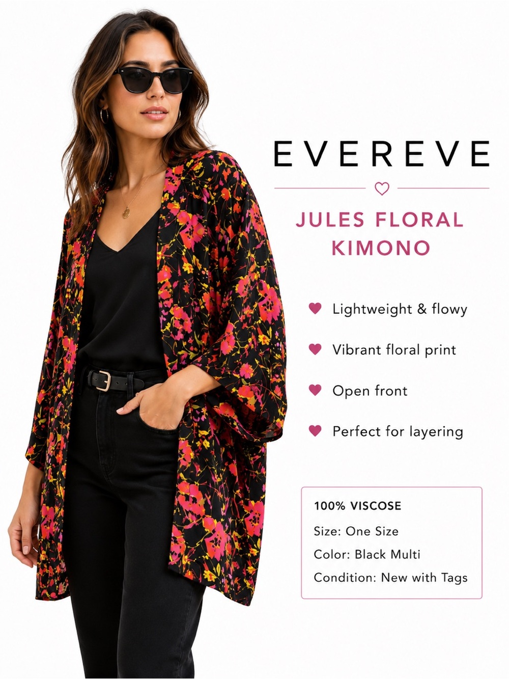 EVEREVE Jules Floral Kimono NWT Black Multi Lightweight Open Front Michael Stars